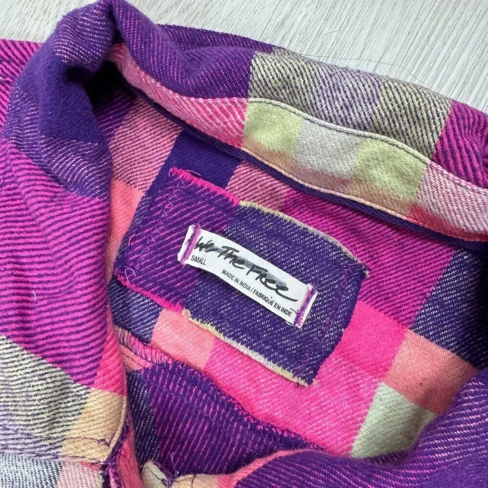 Free People So Long Summer Plaid Flannel Button Down Size Small Pink Purple‎ NEW